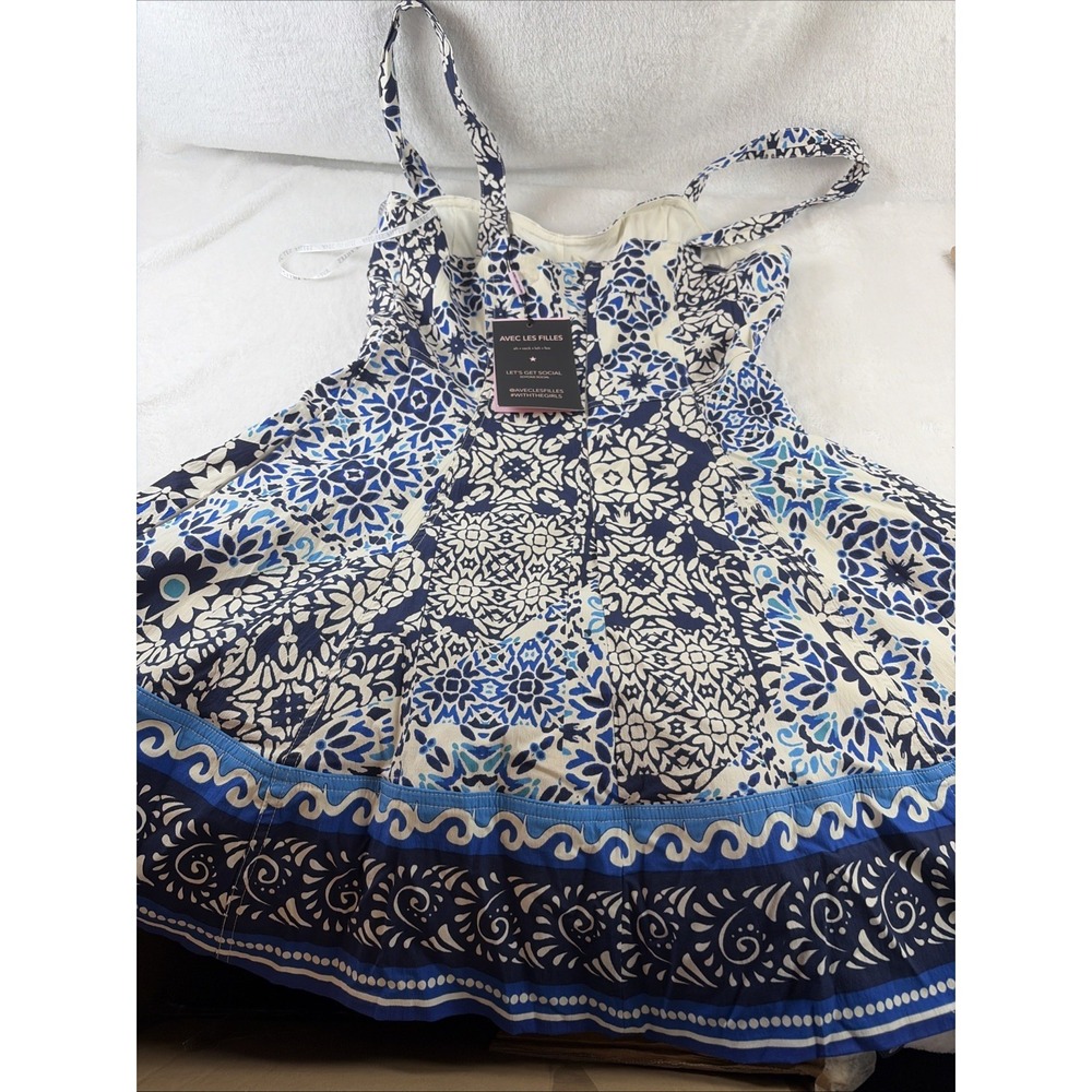 Avec Les Filles Barcelona Tile Sundress 8 Sweetheart Blue White Mediterranean